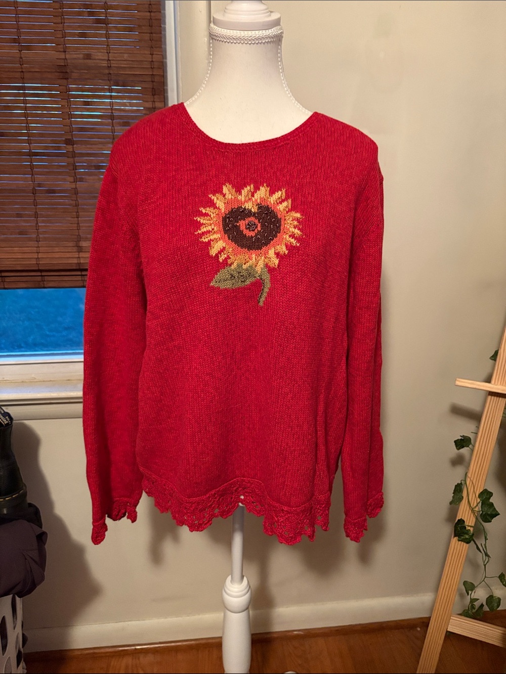 Women's Red Sunflower Crewneck Sweater - Floral Knit Pullover